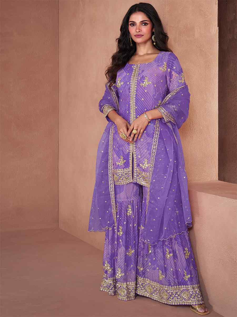 Purple Heavy Faux Georgette Embroidered Festival Wedding Ready Sharara Pant Salwar Kameez