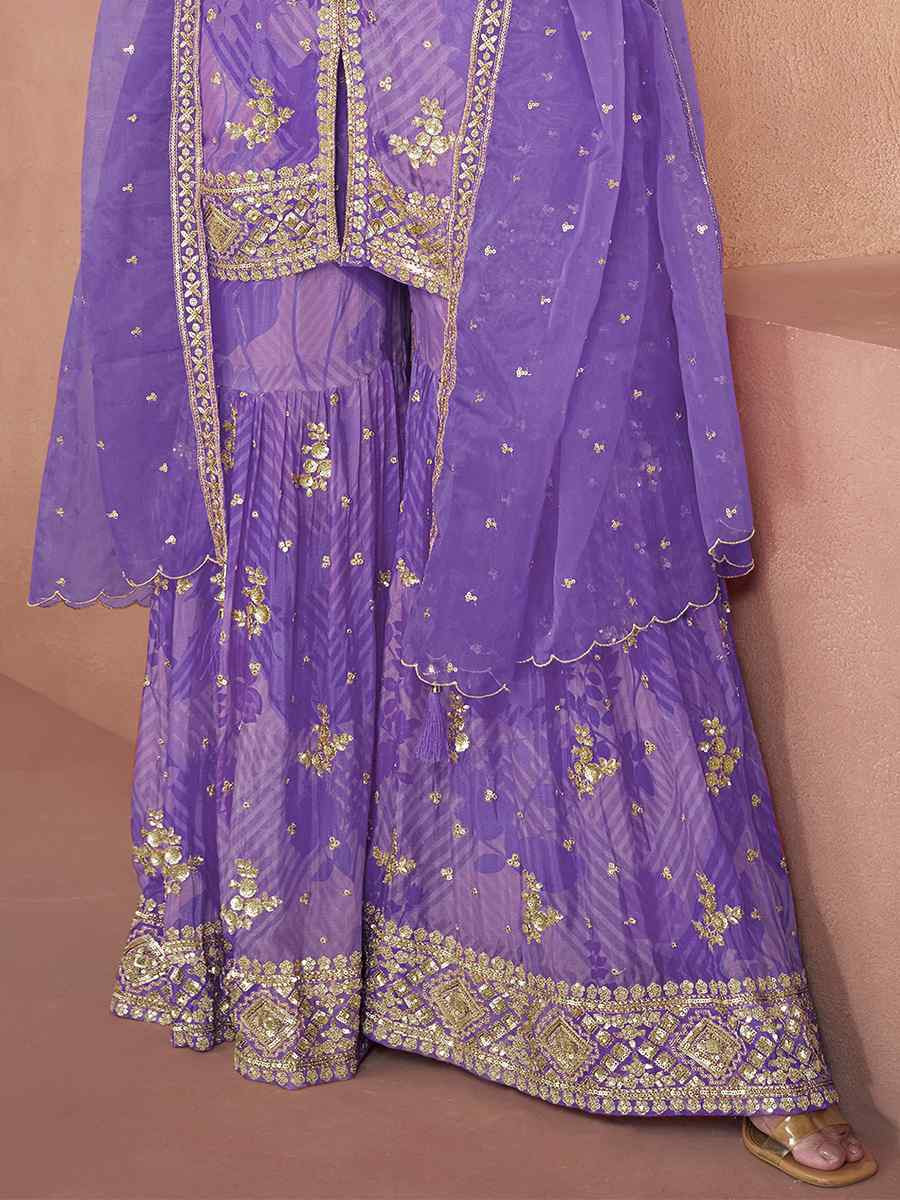 Purple Heavy Faux Georgette Embroidered Festival Wedding Ready Sharara Pant Salwar Kameez