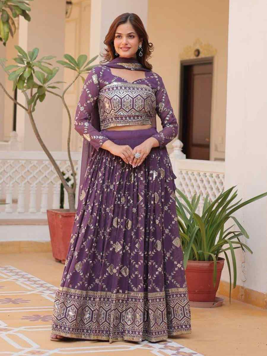 Purple Heavy Faux Georgette Embroidered Wedding Festival Heavy Border Lehenga Choli