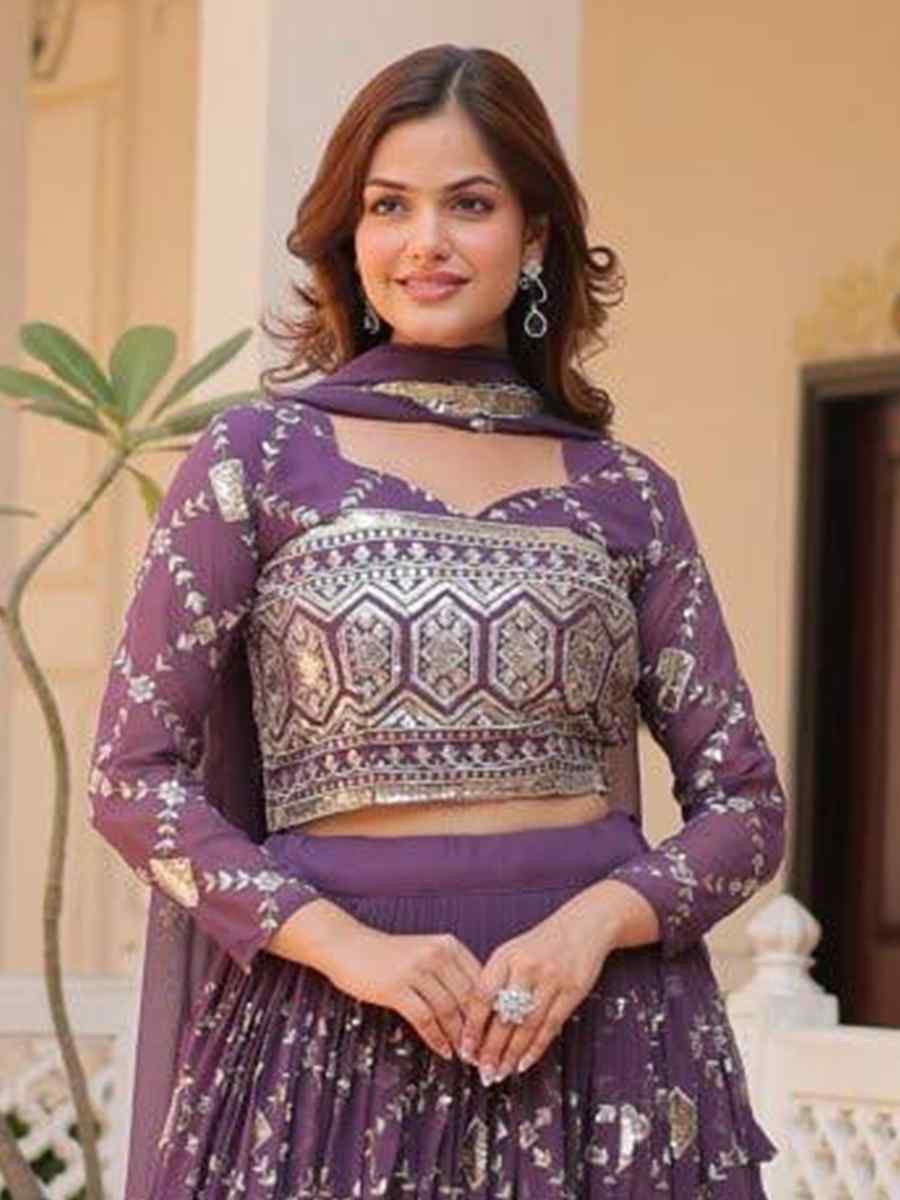 Purple Heavy Faux Georgette Embroidered Wedding Festival Heavy Border Lehenga Choli