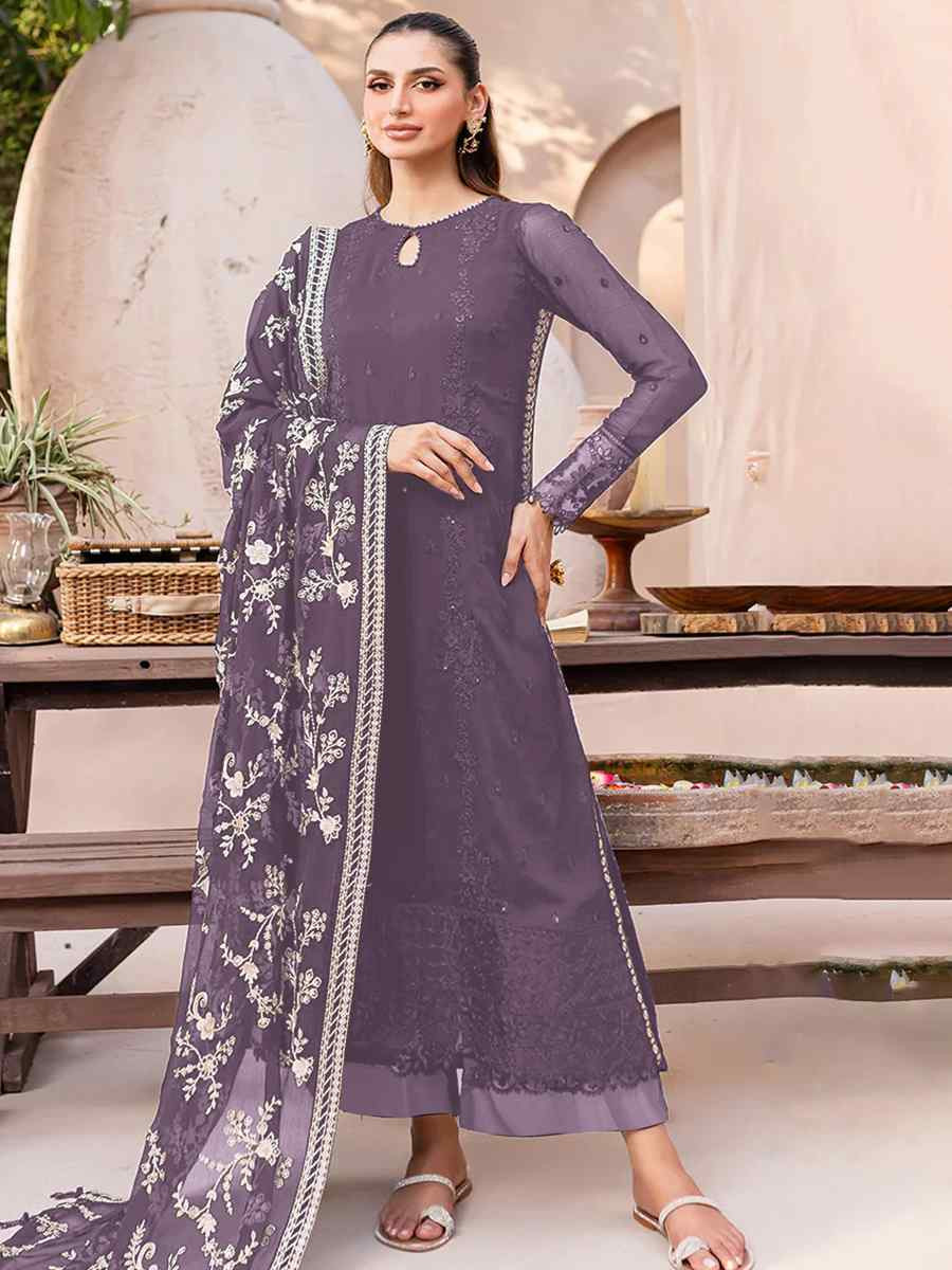 Purple Heavy Fox Georgette Embroidered Festival Casual Palazzo Pant Salwar Kameez