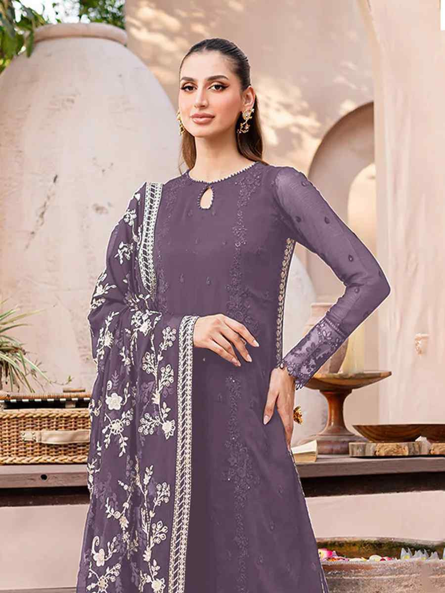 Purple Heavy Fox Georgette Embroidered Festival Casual Palazzo Pant Salwar Kameez