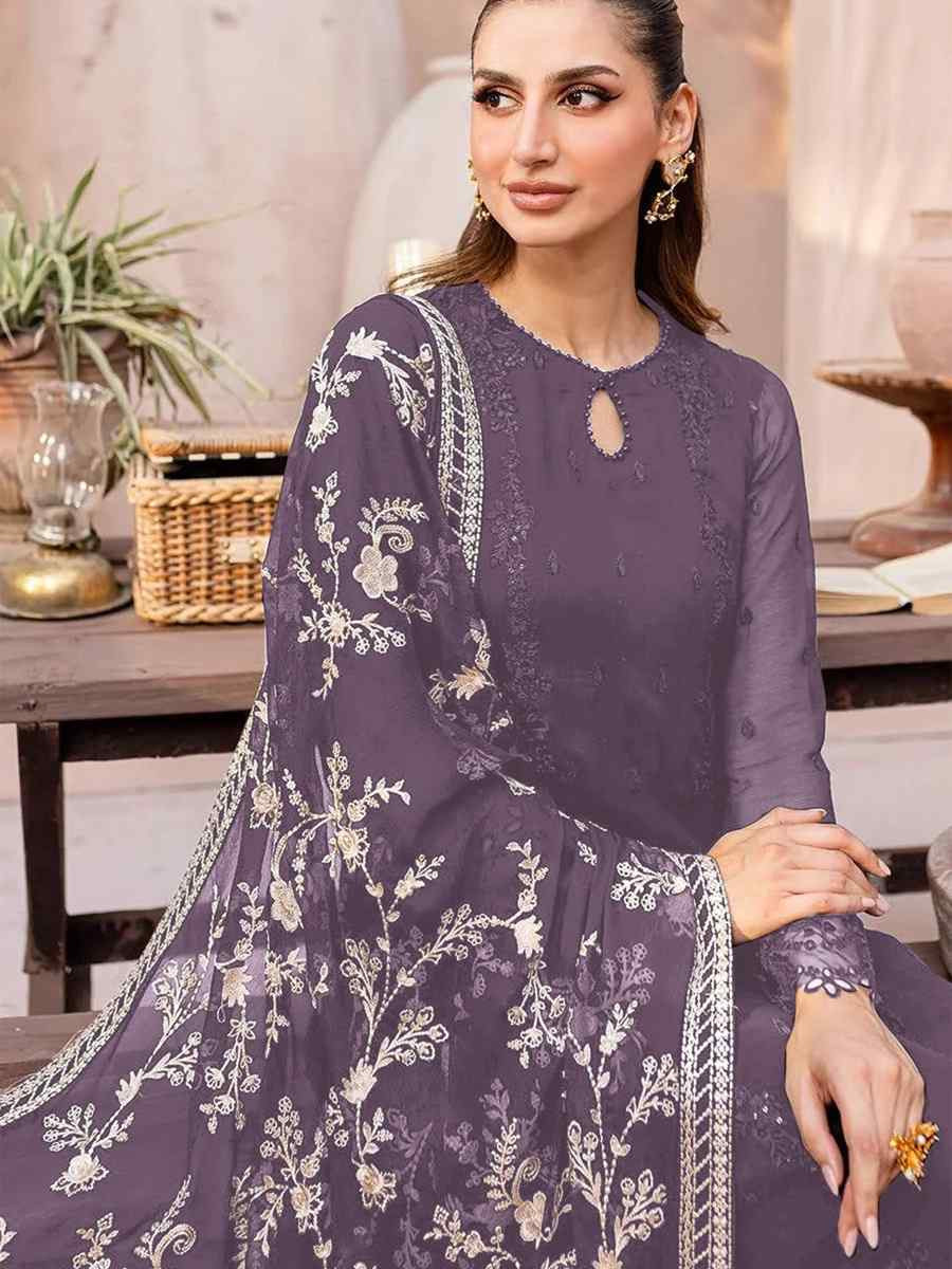 Purple Heavy Fox Georgette Embroidered Festival Casual Palazzo Pant Salwar Kameez