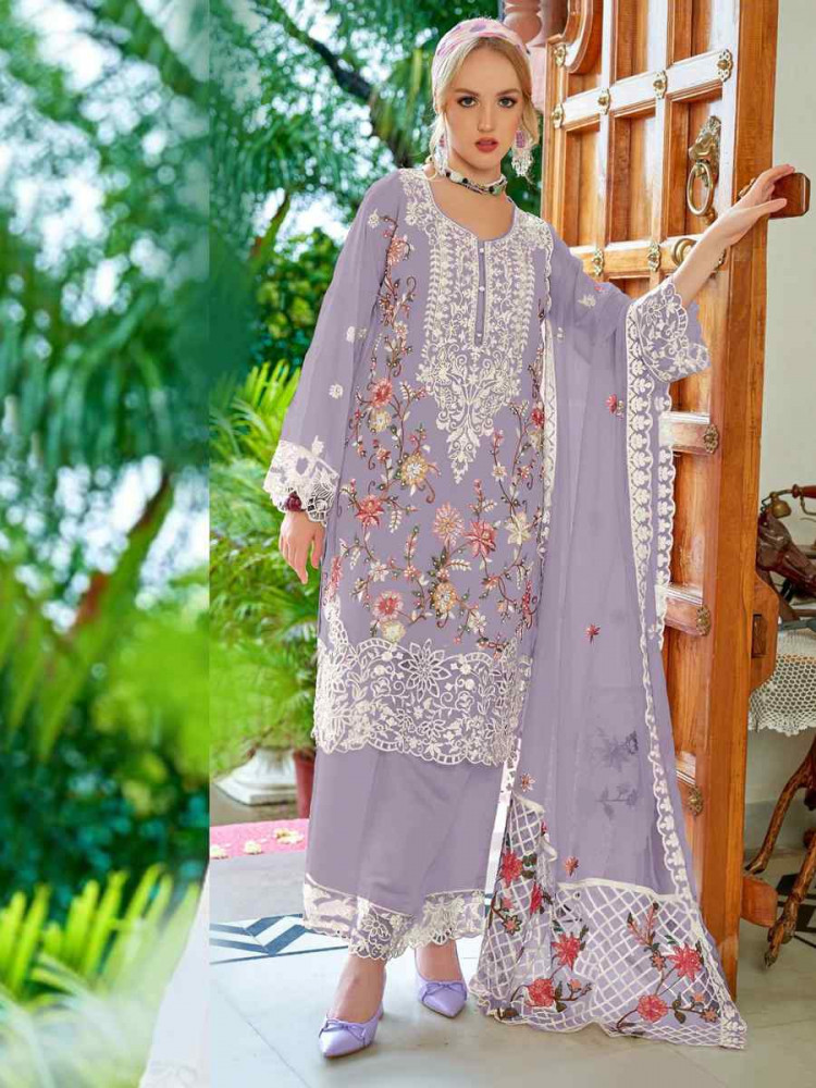 Purple Heavy Fox Georgette Embroidered Festival Wedding Pant Salwar Kameez