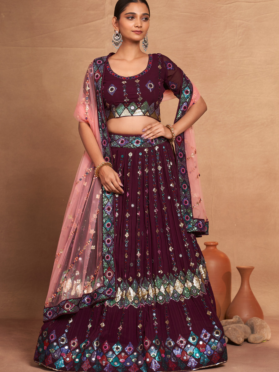 Purple Heavy Georgette Embroidered Bridesmaid Wedding Circular Lehenga Choli