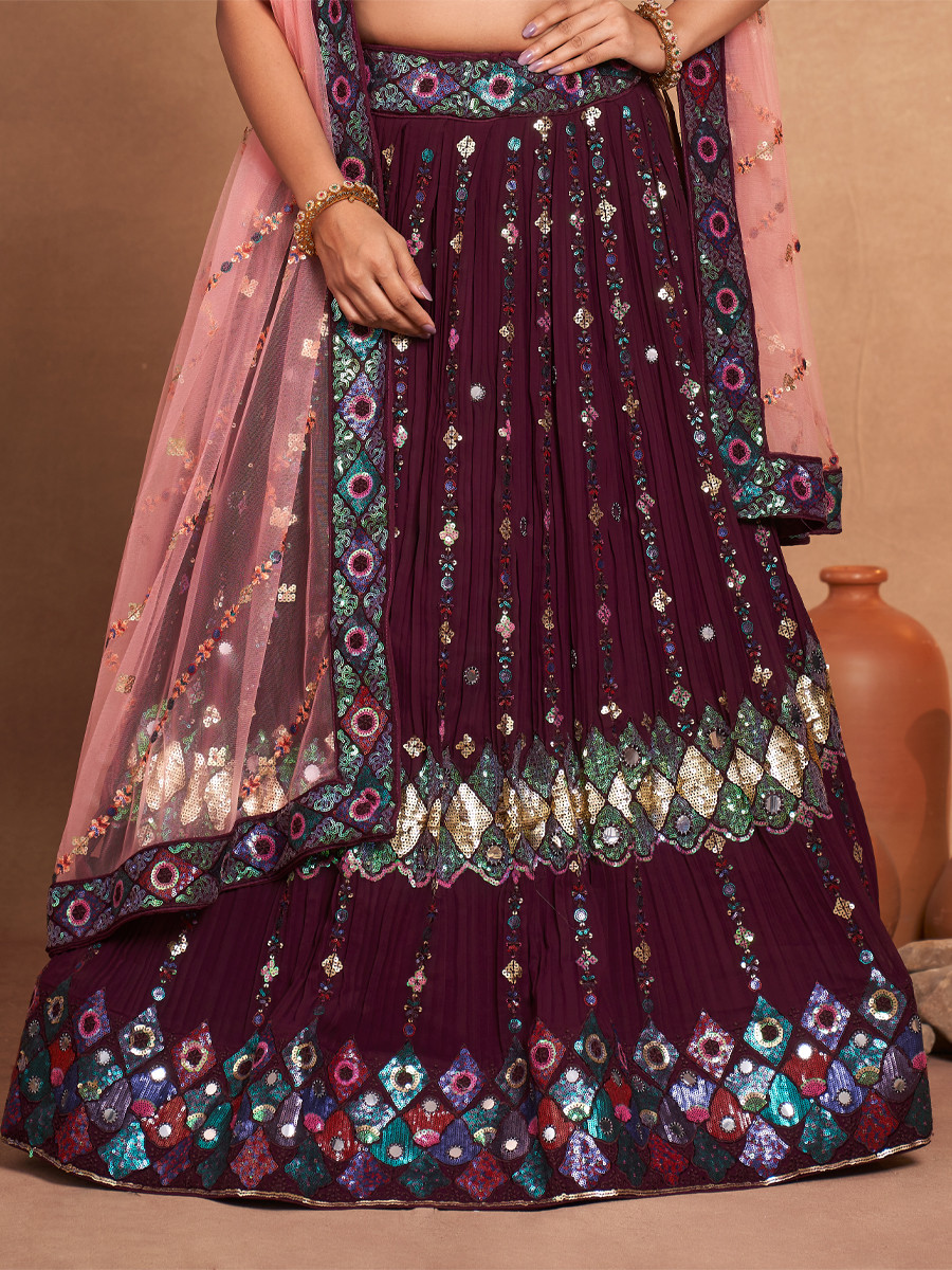 Purple Heavy Georgette Embroidered Bridesmaid Wedding Circular Lehenga Choli