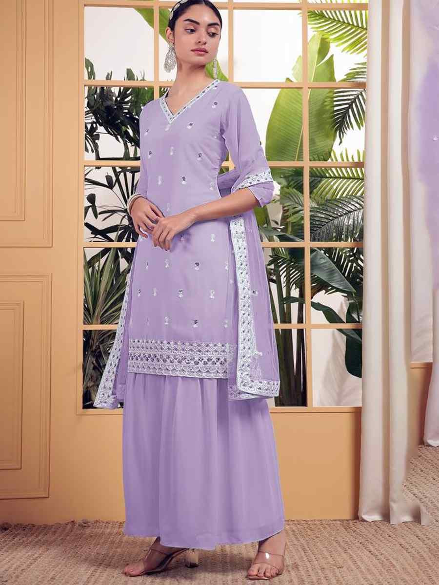 Purple Heavy Georgette Embroidered Festival Wedding Ready Sharara Pant Salwar Kameez