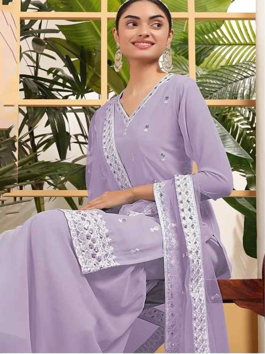 Purple Heavy Georgette Embroidered Festival Wedding Ready Sharara Pant Salwar Kameez