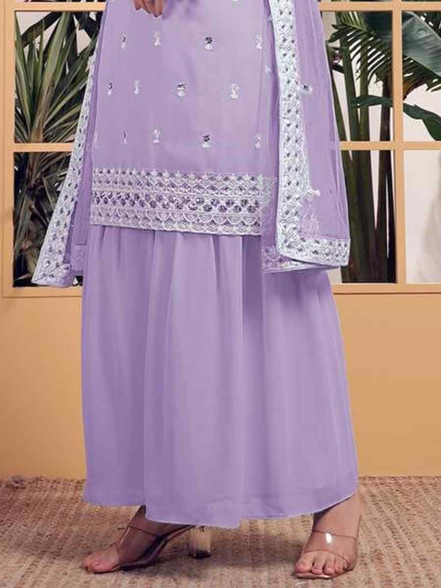 Purple Heavy Georgette Embroidered Festival Wedding Ready Sharara Pant Salwar Kameez