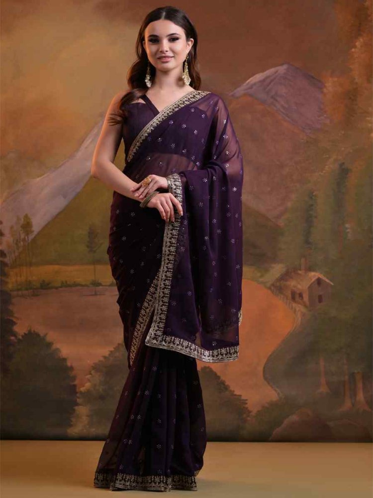 Purple Heavy Georgette Handwoven Festival Wedding Classic Style Saree