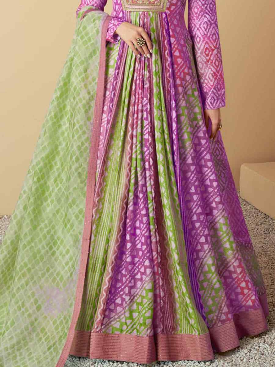 Purple Heavy Muslin Printed Festival Casual Gown