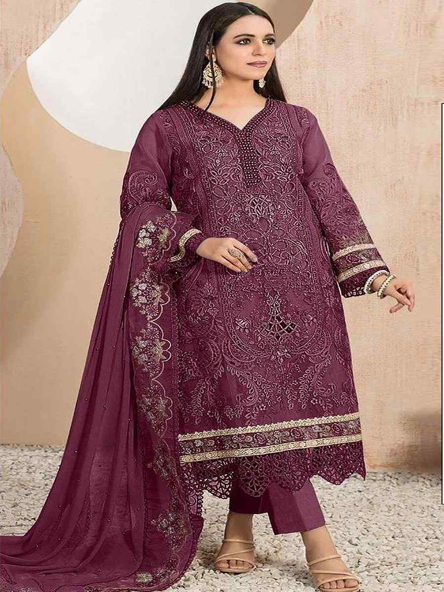 Purple Heavy Organza Embroidered Festival Casual Pant Salwar Kameez