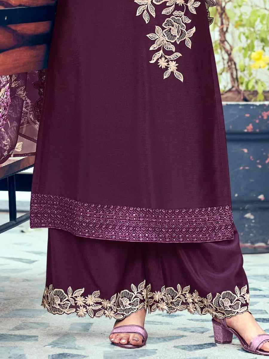 Purple Heavy Premium Chinon Embroidered Festival Mehendi Palazzo Pant Salwar Kameez