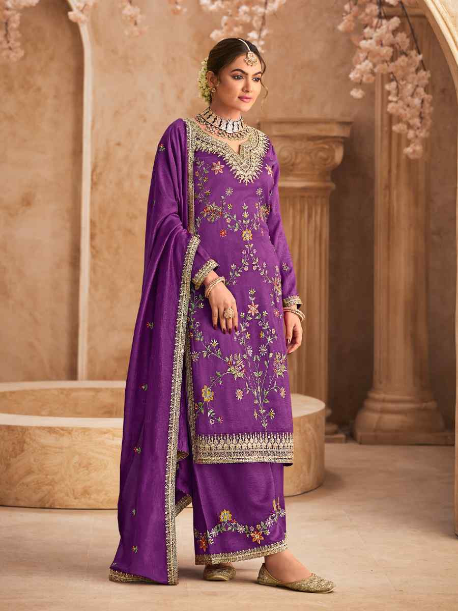 Purple Heavy Premium Chinon Embroidered Festival Wedding Palazzo Pant Salwar Kameez