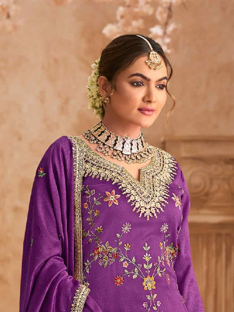 Purple Heavy Premium Chinon Embroidered Festival Wedding Palazzo Pant Salwar Kameez