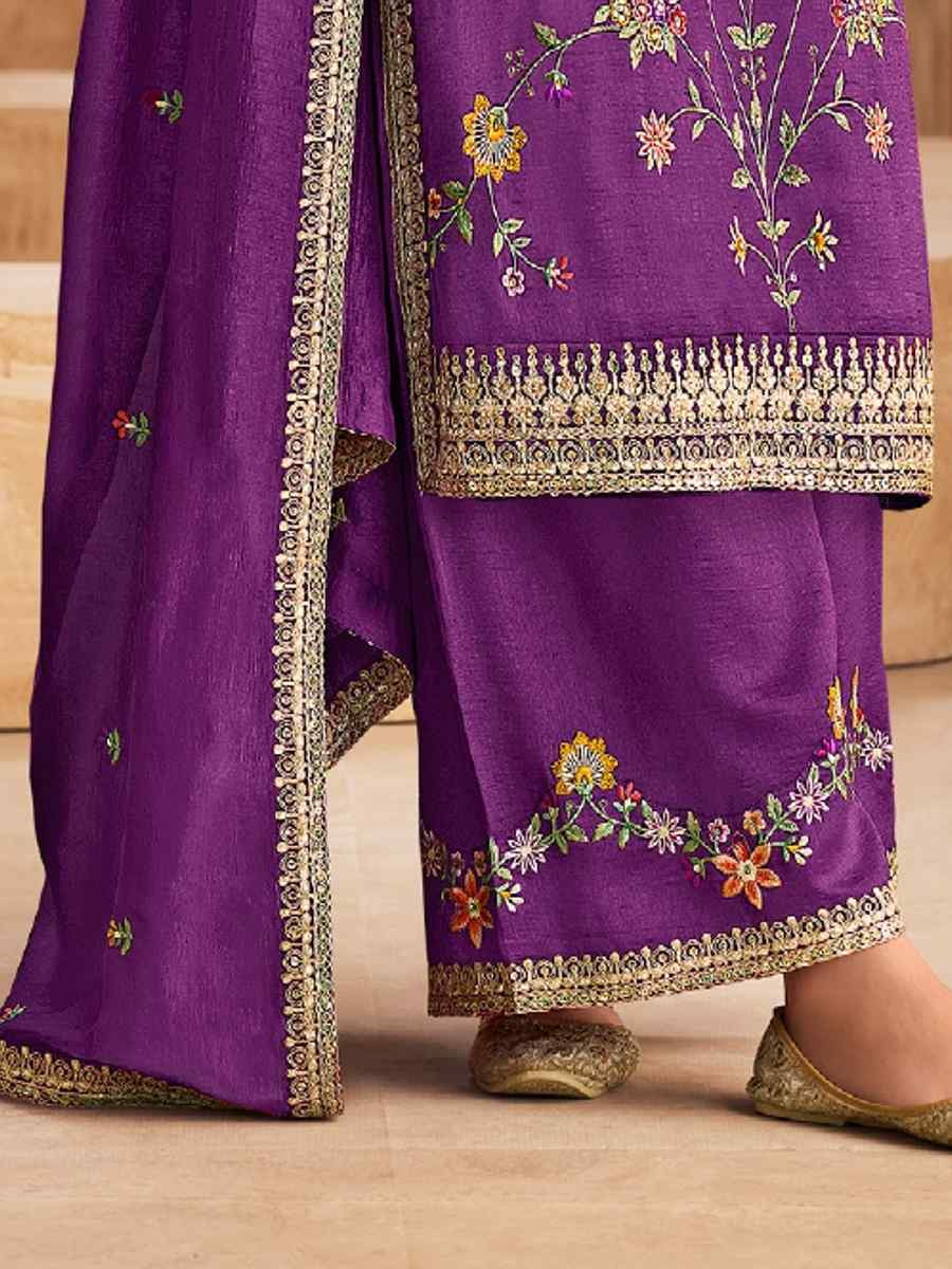 Purple Heavy Premium Chinon Embroidered Festival Wedding Palazzo Pant Salwar Kameez