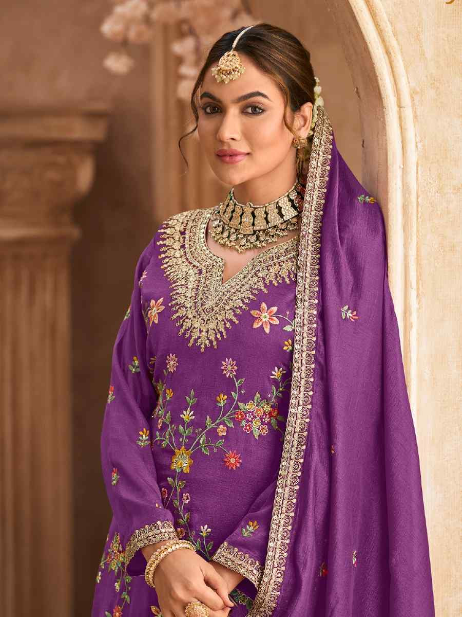 Purple Heavy Premium Chinon Embroidered Festival Wedding Palazzo Pant Salwar Kameez