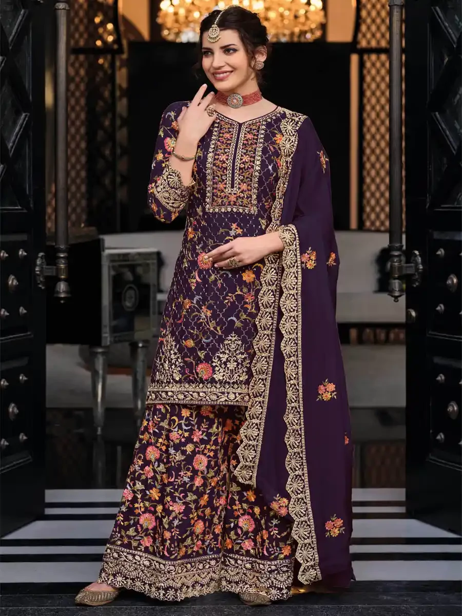 Purple Heavy Premium Silk Embroidered Festival Wedding Palazzo Pant Salwar Kameez