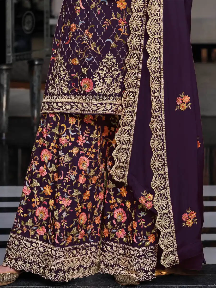 Purple Heavy Premium Silk Embroidered Festival Wedding Palazzo Pant Salwar Kameez