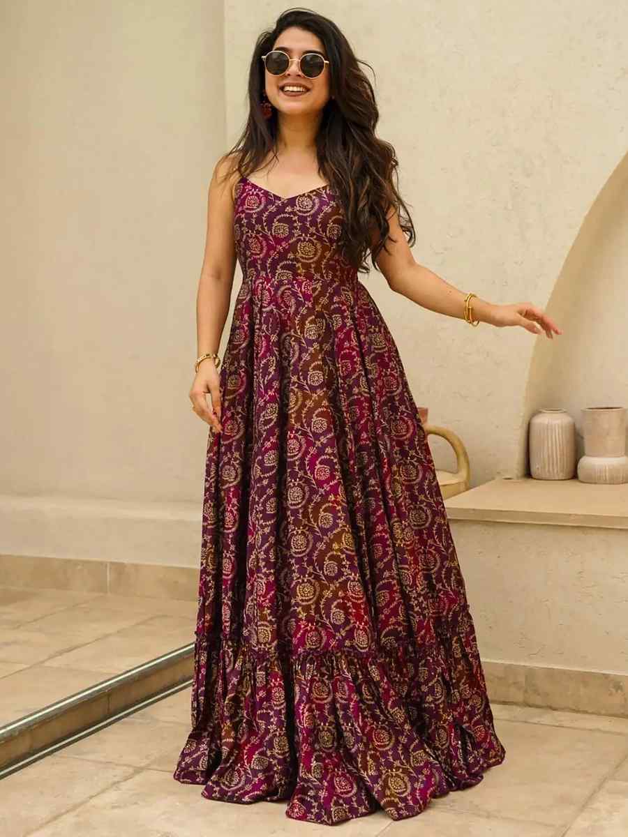 Purple Heavy Rayon Printed Festival Casual Gown