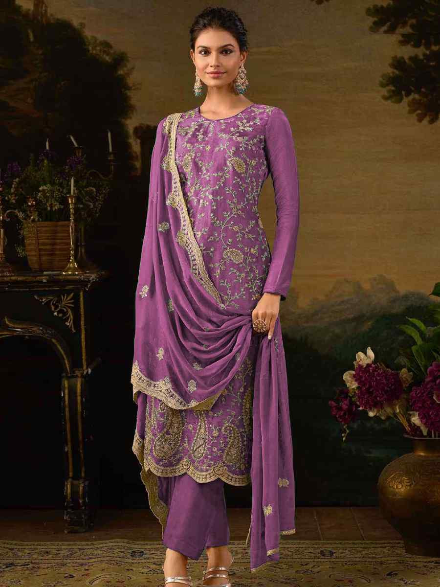 Purple Heavy Silk Embroidered Festival Casual Pant Salwar Kameez