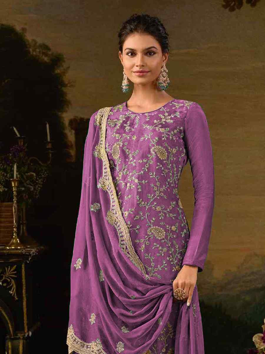 Purple Heavy Silk Embroidered Festival Casual Pant Salwar Kameez