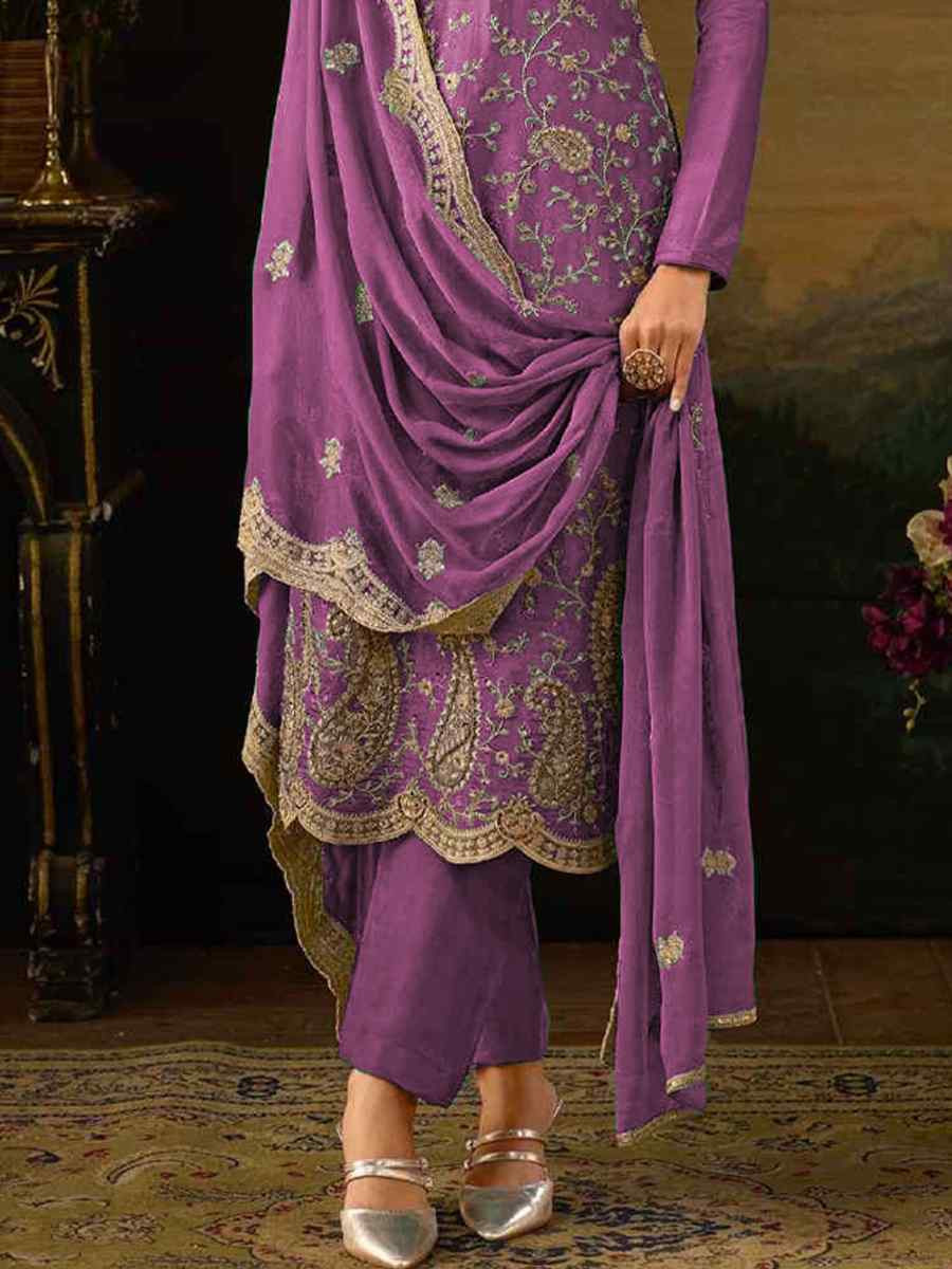 Purple Heavy Silk Embroidered Festival Casual Pant Salwar Kameez