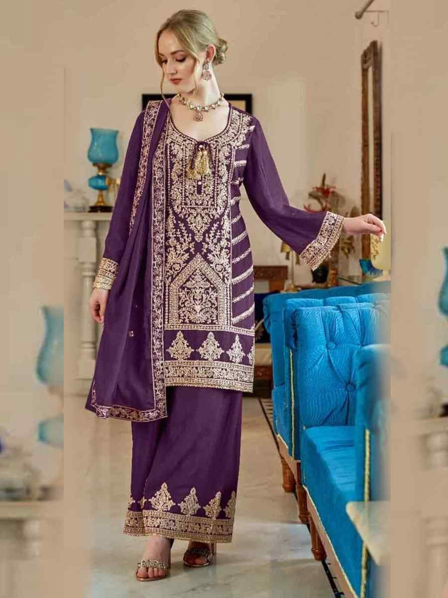 Purple Heavy Simar Vichitra Embroidered Festival Casual Palazzo Pant Salwar Kameez