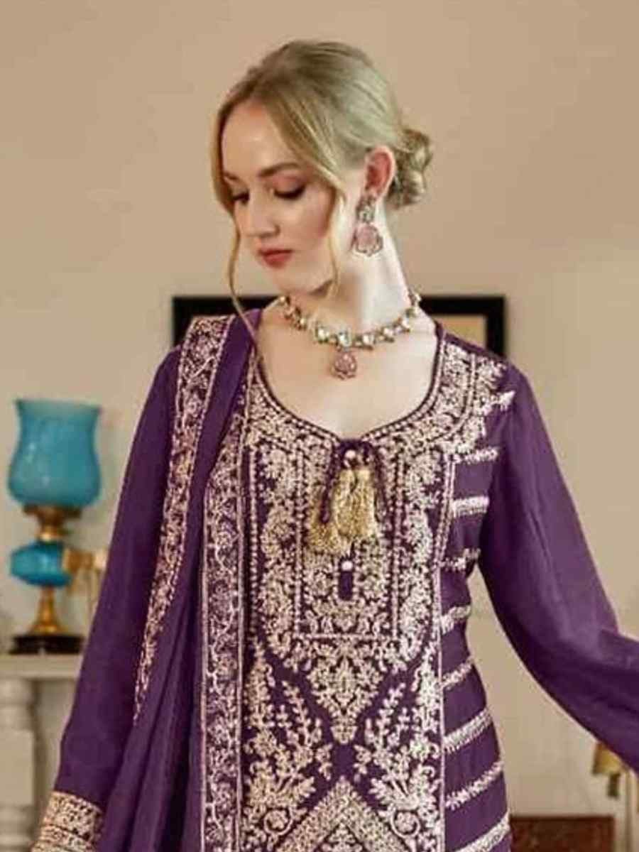 Purple Heavy Simar Vichitra Embroidered Festival Casual Palazzo Pant Salwar Kameez