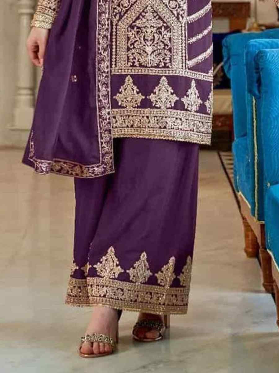 Purple Heavy Simar Vichitra Embroidered Festival Casual Palazzo Pant Salwar Kameez