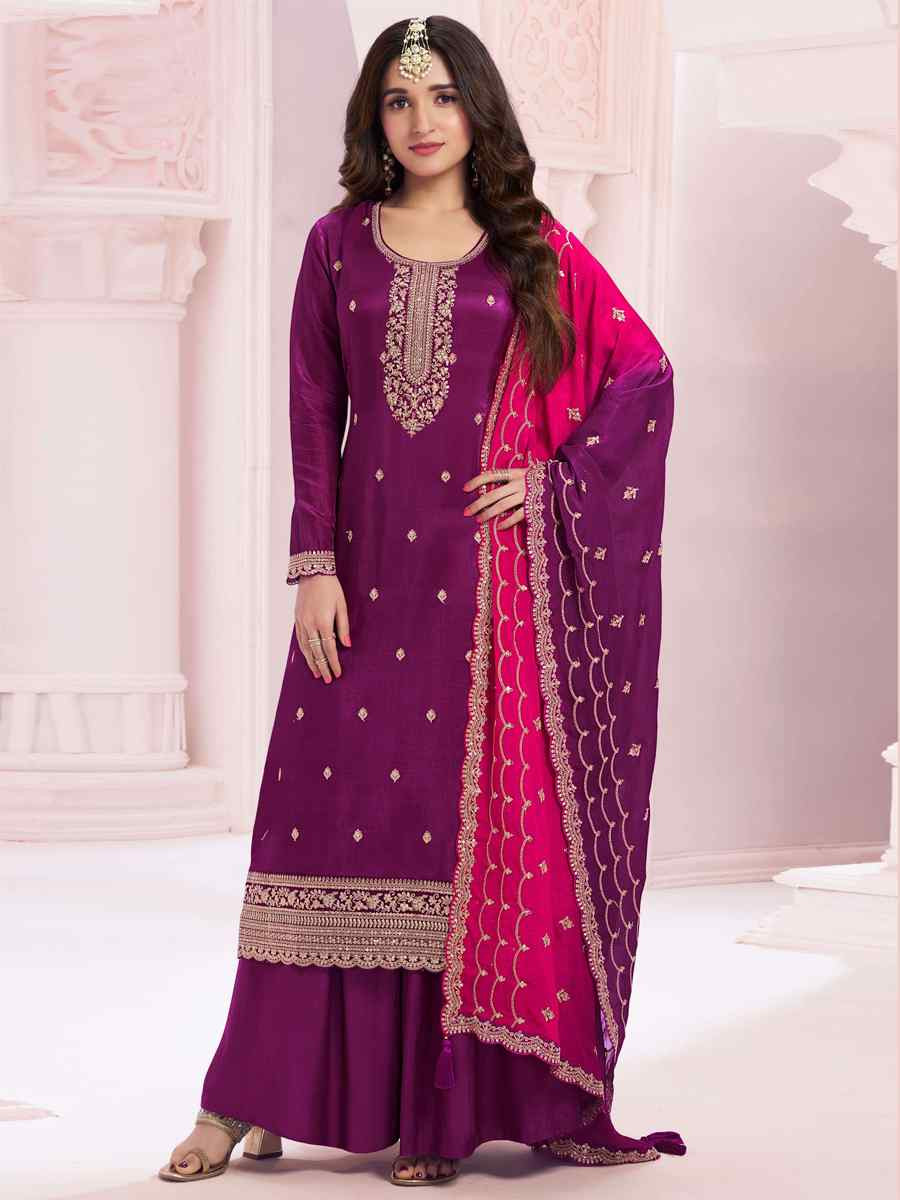 Purple Heavy Vichitra Embroidered Festival Wedding Palazzo Pant Salwar Kameez