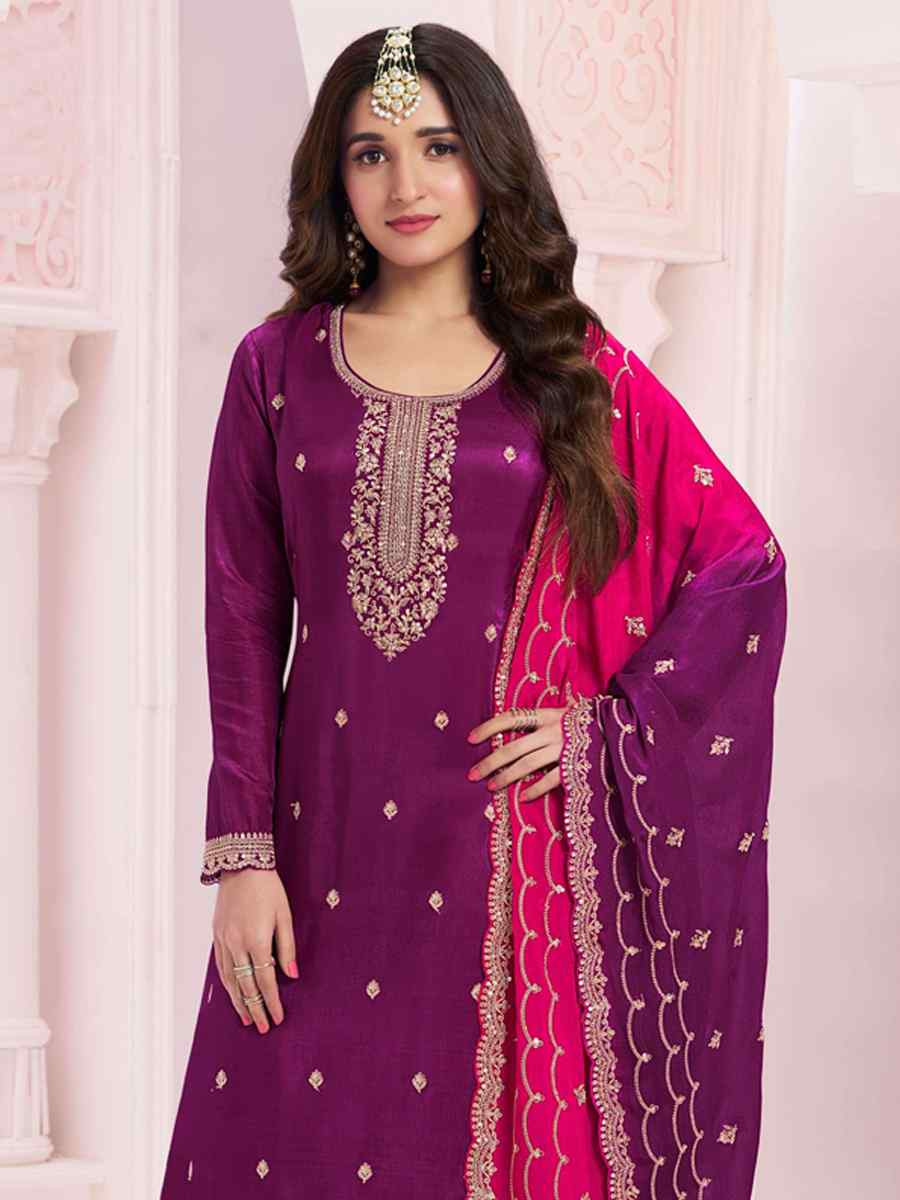 Purple Heavy Vichitra Embroidered Festival Wedding Palazzo Pant Salwar Kameez