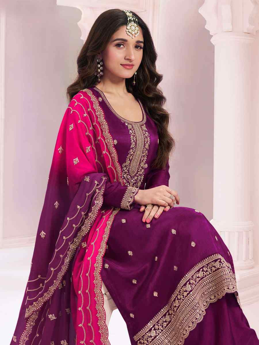 Purple Heavy Vichitra Embroidered Festival Wedding Palazzo Pant Salwar Kameez