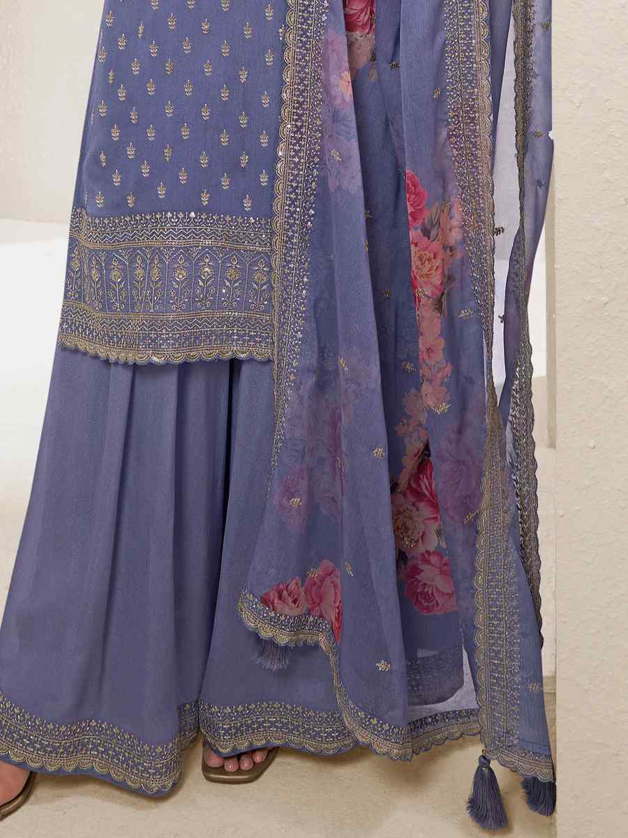 Purple Heavy Viscose Chinon Embroidered Festival Wedding Sharara Pant Salwar Kameez