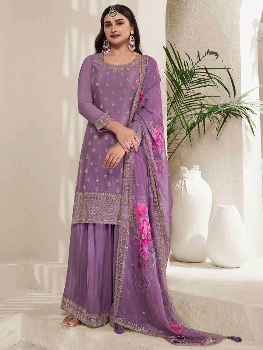 Purple Heavy Viscose Chinon Embroidered Festival Wedding Sharara Pant Salwar Kameez