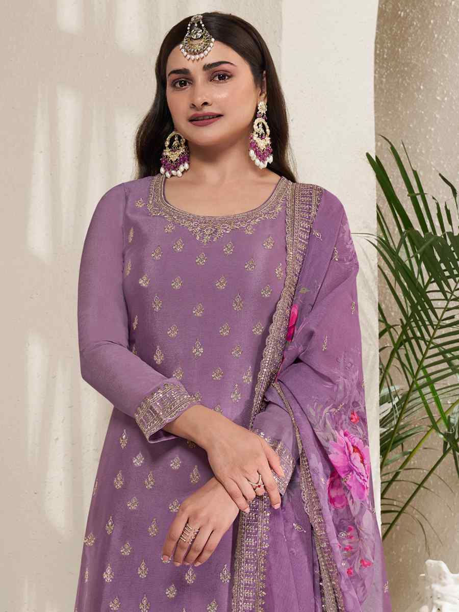 Purple Heavy Viscose Chinon Embroidered Festival Wedding Sharara Pant Salwar Kameez