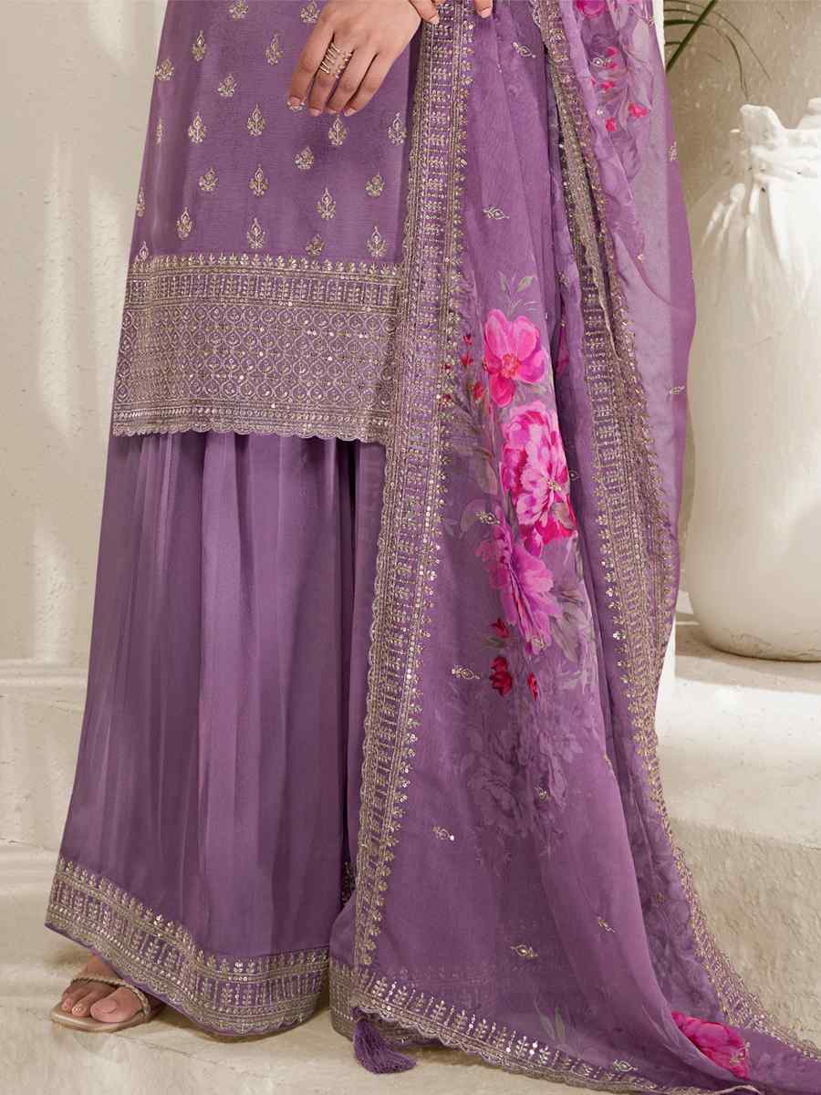 Purple Heavy Viscose Chinon Embroidered Festival Wedding Sharara Pant Salwar Kameez