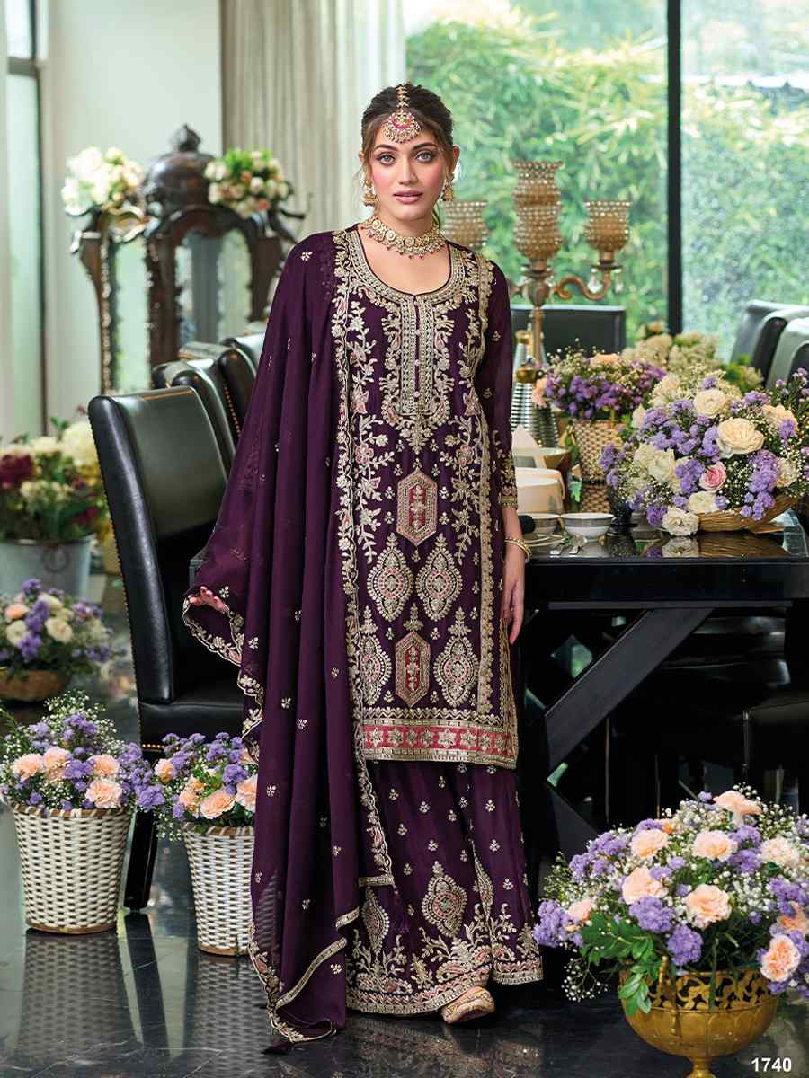 Purple Hevy Chinon Embroidered Festival Wedding Ready Palazzo Pant Salwar Kameez