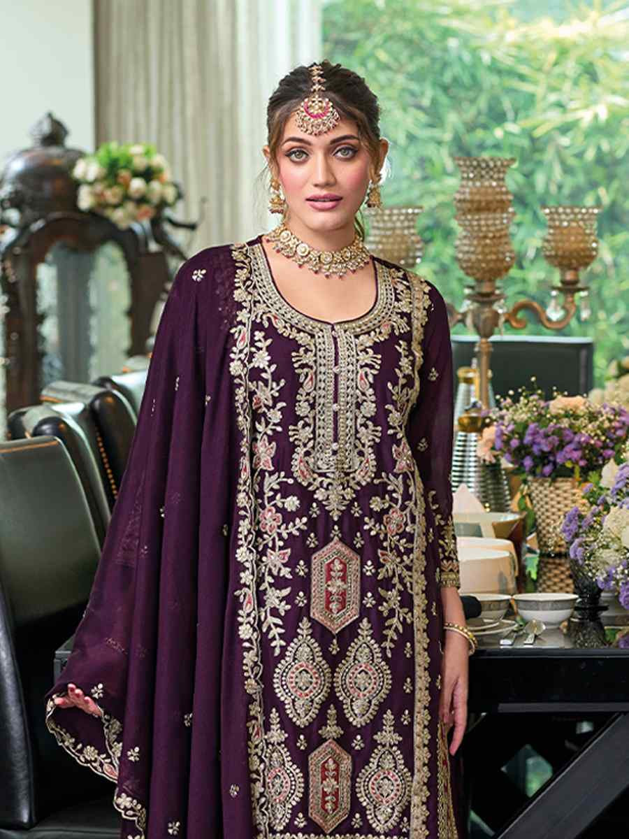 Purple Hevy Chinon Embroidered Festival Wedding Ready Palazzo Pant Salwar Kameez