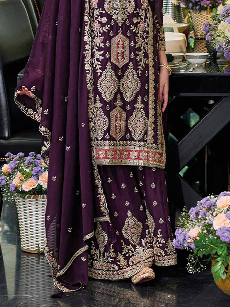 Purple Hevy Chinon Embroidered Festival Wedding Ready Palazzo Pant Salwar Kameez