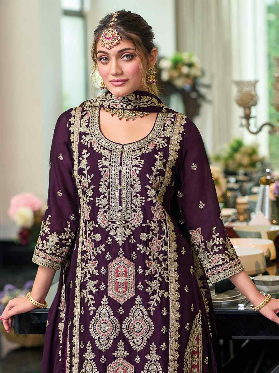 Purple Hevy Chinon Embroidered Festival Wedding Ready Palazzo Pant Salwar Kameez