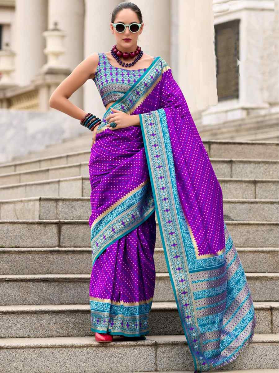 Purple Ikkat Soft Silk Handwoven Festival Wedding Heavy Border Saree