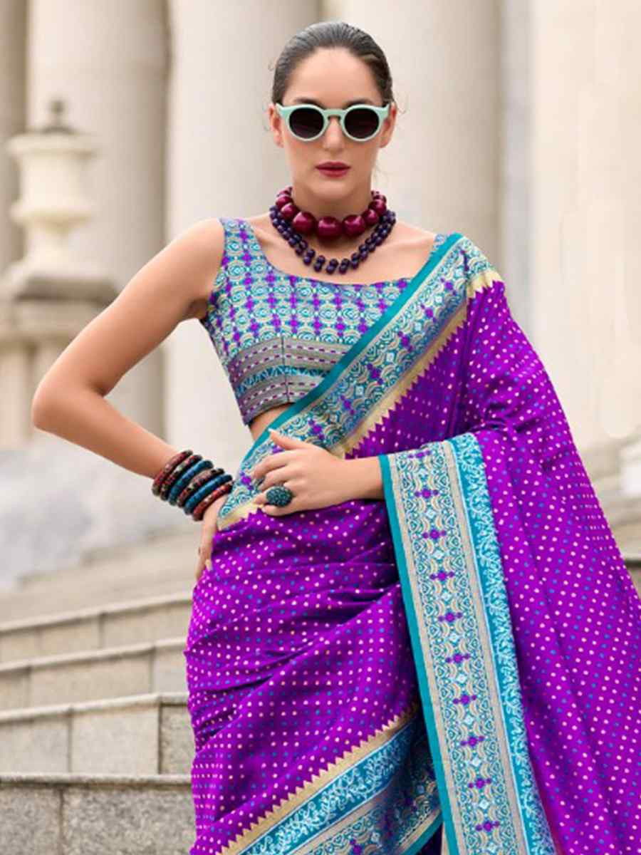 Purple Ikkat Soft Silk Handwoven Festival Wedding Heavy Border Saree