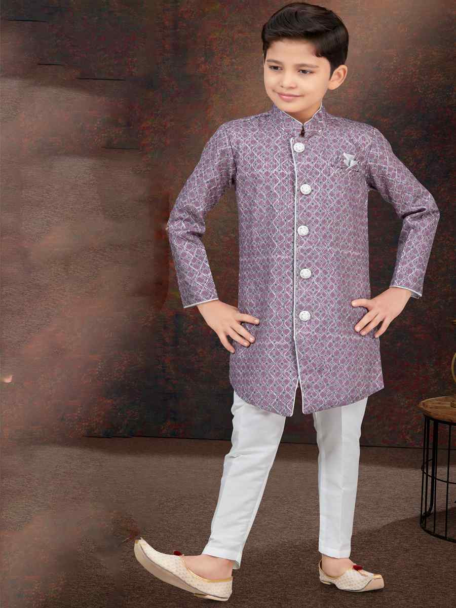 Purple Jacquard Embroidered Festival Wedding Kurta Pyjama Boys Wear