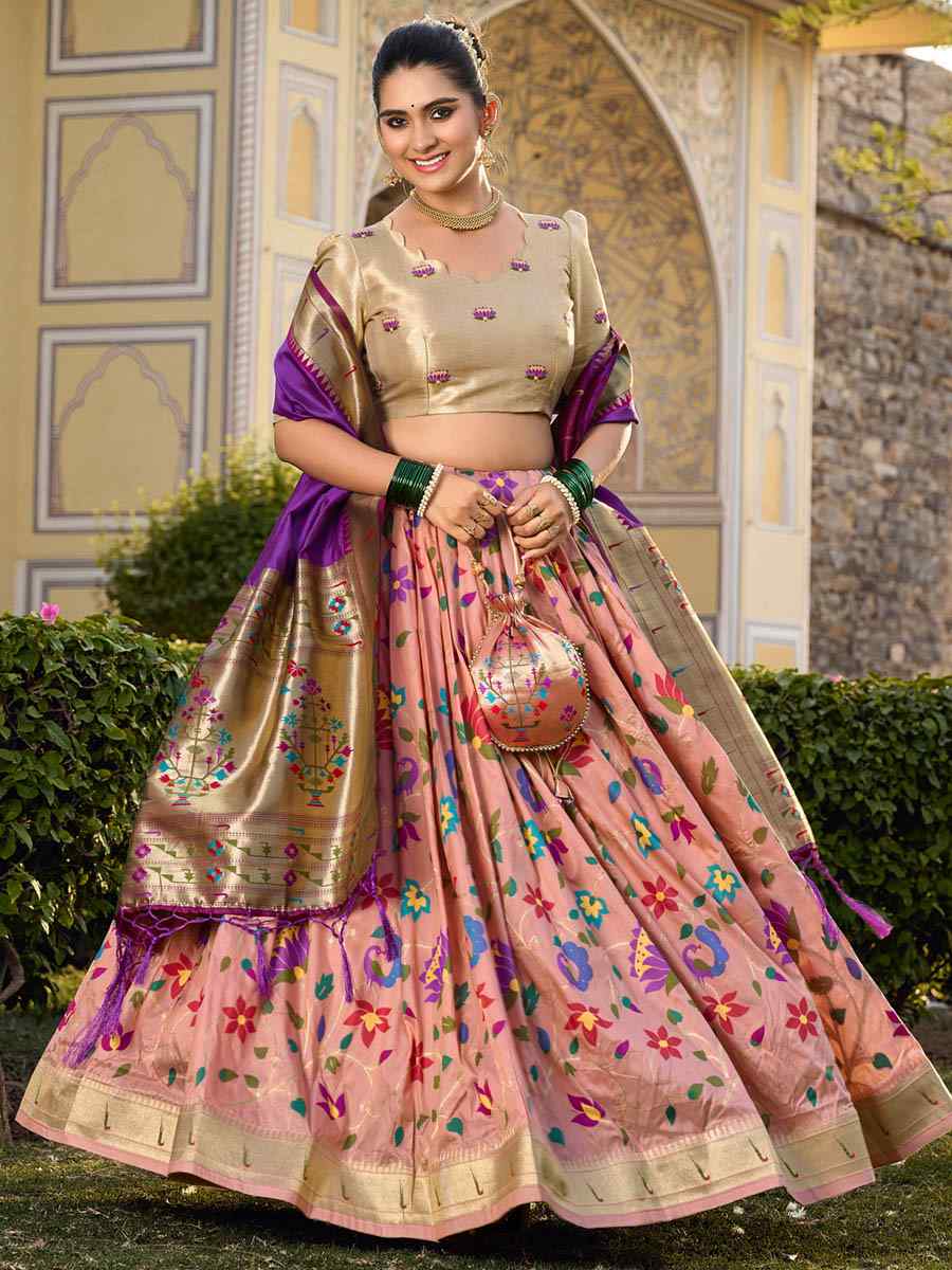 Purple Jacquard Silk Paithani Embroidered Bridesmaid Wedding Heavy Border Lehenga Choli