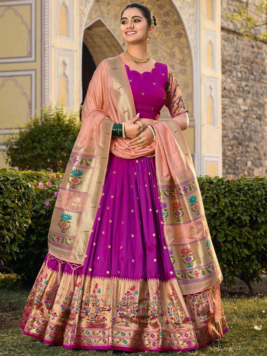 Purple Jacquard Silk Paithani Embroidered Bridesmaid Wedding Heavy Border Lehenga Choli