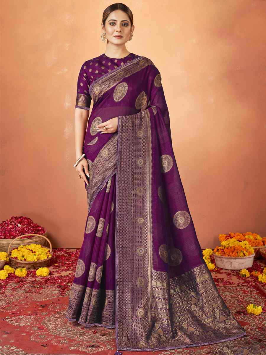 Purple Kanjivaram Silk Embroidered Festival Party Heavy Border Saree