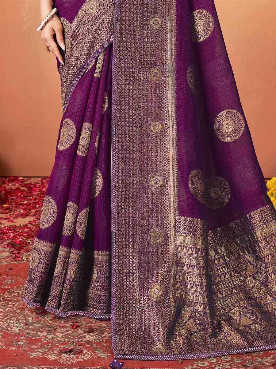 Purple Kanjivaram Silk Embroidered Festival Party Heavy Border Saree