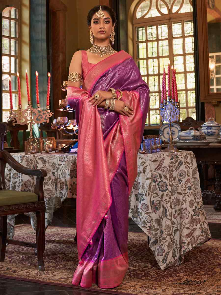 Purple Kanjivaram Silk Handwoven Wedding Festival Heavy Border Saree