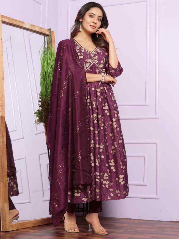 Purple Modal Silk Embroidered Festival Mehendi Ready Anarkali Salwar Kameez